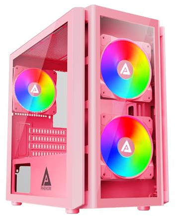 Apevia Phenom-PK Phenom Micro-ATX Gaming PC Case w/ 3X 120mm ARGB Fans, 366 RGB Light Modes, 1x Glass Front Panel, 340MM GPU Support, 1X USB3.0, 2X USB 2.0, Pink