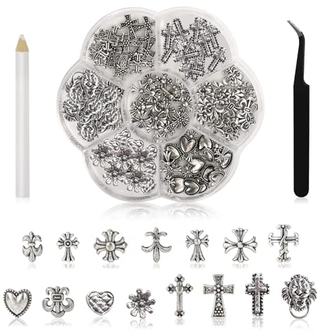 Ruzister® 75 Stück 3D-Nagel-Charms, Kreuz, verchromtes Metall, silberner Nail-Art-Charm mit Gothic-Retro-Punk-Herzen und Totenköpfen, Maniküre, Nail-Art-Dekorationen