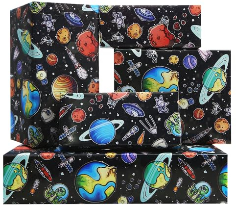 Weltraum-Geschenkpapier, Planeten im Weltraum, Geburtstags-Geschenkpapier für Kinder, Mädchen, Jungen, 4 Bögen farbiges Planeten-Astronauten-Raketen-Satelliten-Sonden-Muster aus schwarzem Papier