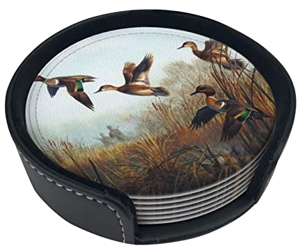 Stilvolle Leder-Untersetzer, Motiv: Jagd, fliegender Wilddruck, Set mit 6 runden PU-Lederuntersetzern mit Aufbewahrungsbox