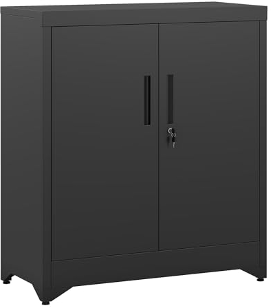 KIMENICH Armoire de Rangement Bureau, Caisson Bureau Verrouillable pour Rangement Dossier, avec Étagères Réglables, 2 Portes, Armoire à Outils en Acier, pour Bureau, Salon, Garage, Noir