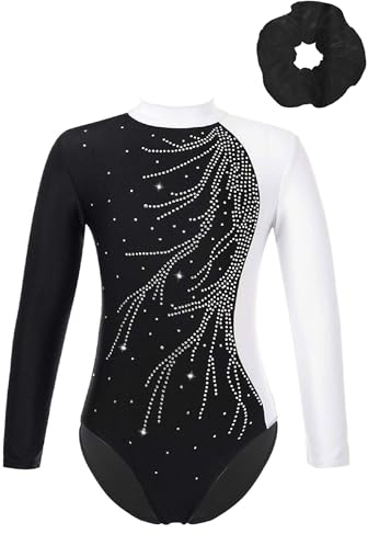 Oyolan Mädchen Langarm Gymnastikanzug Kinder Turnanzug mit Rundhals Pailletten Turnbody Gymnastiktrikot Turntrikot Gr.116-176 M Weiß schwarz 158-164