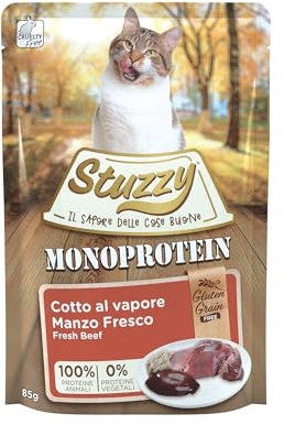 Stuzzy, Monoprotein Grain & Gluten Free, komplettes Nassfutter für Erwachsene Katzen mit Rind, in Paste - (20 Beutel à 85 g)