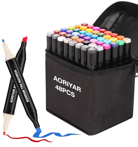 Aoriyar 48 Farben Kunst Marker, Alkohol Marker Färbung Dual Tip Künstler Stifte Set für Studenten Manga Künstler Zeichnung Skizzieren Unterstreichen Illustration Malerei Kartenherstellung