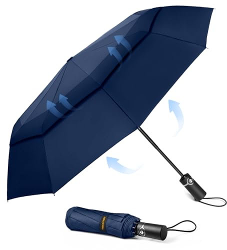 TECKNET Paraguas Plegable, Antiviento Sombrilla con Doble Cubierta para Hombres, Automático Abierto y Cierre, Ligero Portátil, Viaje Grandes Umbrella de 10 Varillas, Azul