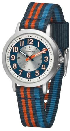 Atrium Reloj de pulsera analógico para niños de cuarzo, extraclaro, con correa de nailon a rayas, color azul oscuro, naranja y azul claro A50-12, multicolor, Clásico