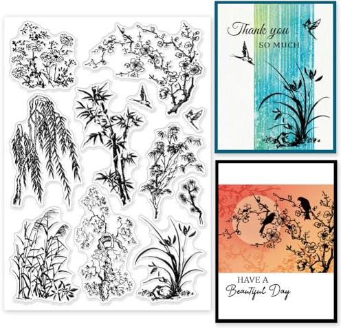 GLOBLELAND 5.83x8.27zoll Orient Pflanzen Silhouette Transparente Silikonstempel Vögel Tiere Klare Stamps Silikonstempel Für Kartengestaltung DIY Prägung Journaling