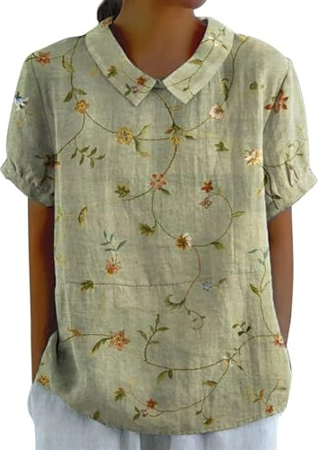 Angxiwan Summer Tops for Women UK 2024 Lightweight Art Floral Print Linen Tops Causal Baggy Lapel Crewneck T-Shirts Loose Fit Short Sleeve Blouse Ladies Summer Dressy Tee Shirt Tunic Tops A-Green