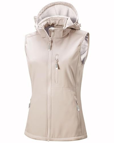 33,000ft Women's Lightweight Softshell Gilets with Hood Sleeveless Jacket Waterproof Windproof Vest Lady's Fleece Lined Vest with 5 Zip up Pockets Light Khaki 3XL