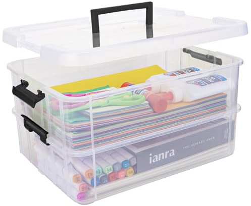 Creahaus 2 Layer Plastic Storage Containers with Lids, Multipurpose Clear Stack & Carry Box, Portable Craft Organizers and Storage Bin for Organizing Art Craft, Sewing, Building Blocks, Nail Supplies