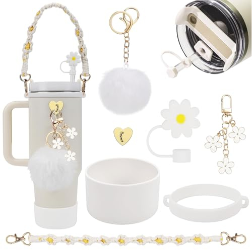 HDKAJL 40oz/30oz Tumbler Accessories Set - Spill-Proof Stopper, Boot Lid, Silicone Straw Covers with Handle Strap, Charms for Drinkware (White)
