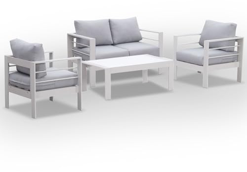 LANOX Gartenmöbel Set alu Gartenlounge-Set Loungeset für 3-4 Personen Terrasse Balkon, wetterfest Sitzgruppe Essgruppe Gartengarnitur (4-TLG., 1×2-Sitzer Sofa, 2×Sessel, 1×Tisch, 8×Auflagen)