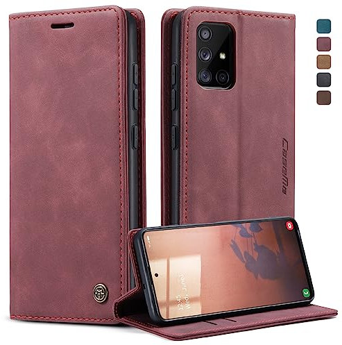 owlhold Handyhülle für Samsung Galaxy A51 Hülle, Premium Lederhülle Weiches Vintage-Nubukleder Faltbare Ständer Klapphülle Kartenfach Standfunktion stoßfest Schutzhülle für Samsung A51 -Weinrot