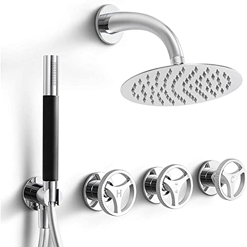 Dusche Wasserhahn Set, Regen Duschkopf mit Handheld, Industrial Style Drei Griff Badezimmer Dusche Set, Hochdruck Messing Badezimmer Mischer Hahn, Gold, RMCFHX, Chrom