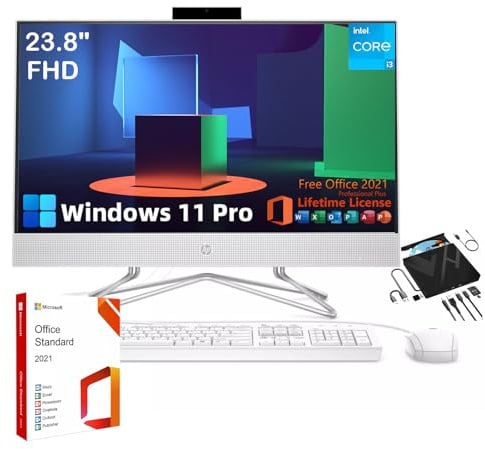 HP 60.5 cm All-in-One Desktop PC - mit Microsoft Office Lifetime License, FHD Display, Intel i3 Dual-Core Prozessor, 720P Webcam, kabelgebundene Tastatur & Maus, Win 11 Pro (16GB RAM | 1TB SSD)