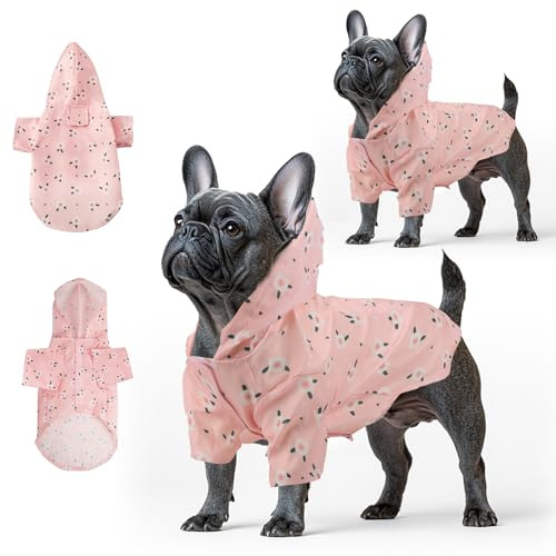 Fiohiros 2 Stück Hunde-Regenmäntel, wasserdicht, leicht, mit Loch für Geschirr, Hunde-Regenmantel mit Kapuze für kleine Hunde (Rosa, L)