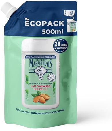 Le Petit Marseillais® | Recharge Extra Douce Crème de Douche Lait d'Amande Douce Bio (Écopack de 500ml) - Rechargez 2 fois votre Crème de Douche - 92% d'ingrédients d'origine naturelle.