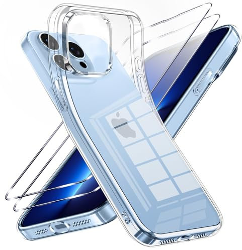 Viojrlra Coque pour iPhone 13 Pro avec 2 Pièces Verre Trempé, Transparente Anti-Jaunissement Souple TPU Silicone Étui, Antichoc Anti-Rayures Protection Case pour iPhone 13 Pro