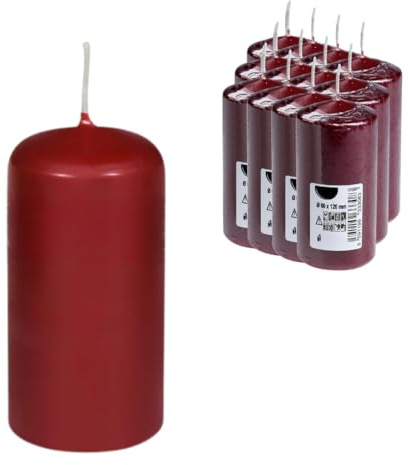 DeinPack Stumpenkerzen bordeaux - 12 Stück | Ø 6 cm- Höhe 12 cm | Brenndauer: ca. 30 Stunden | Hochwertige Stumpenkerze | ideal für Gastronomie, Hotels, Kirchen- Hochzeiten & Feierlichkeiten