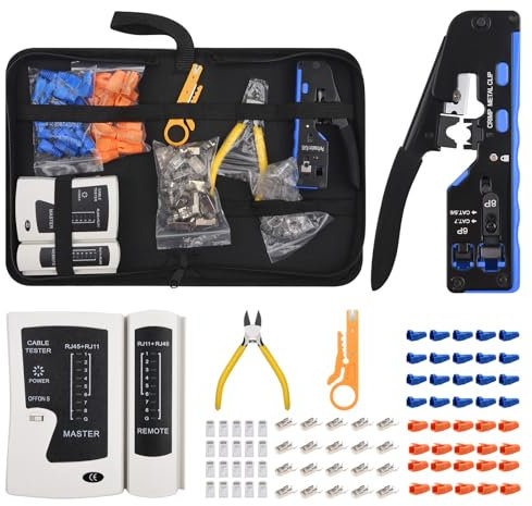 Netzwerk Werkzeug set, RJ45 Crimpzange Set mit 40 x RJ45 Stecker Cat7/Cat6 Pass Through, Netzwerktester, Abisolierzange, Seitenschneider, RJ45/RJ11/RJ12 Reparaturwerkzeuge