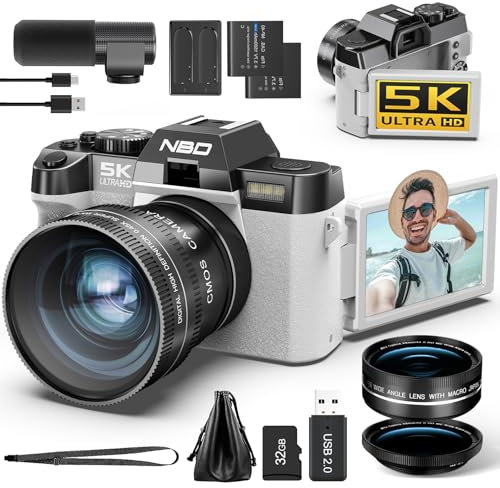 NBD 5K Digital Portable Camera for Photography - 48MP/60FPS Video Camera for Vlogging, WiFi & App Control, YouTube Vlogging Camera with 32GB TF Card，52mm Wide Angle and Macro Lens (White)