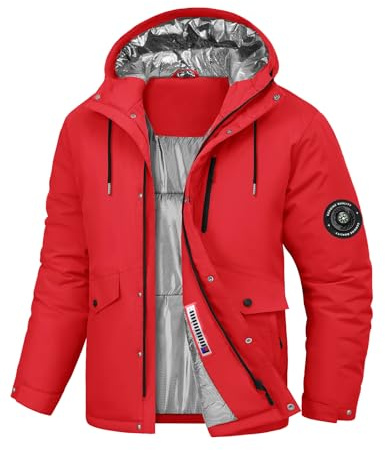 Voqeen Mens Waterproof Jackets Winter Padded Coat Outdoor Warm Ski Jacket with Hood Windproof Softshell with Multi Pockets Mountain Hiking