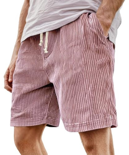 LDZYXY Pantaloncini in Velluto a Coste da Uomo Estivi, Vintage, con Ricamo, Bermuda, in Vita Elasticizzata, Comodi, Casual, da Spiaggia, con Tasche, Corduroy, Tinta Unita (Rosa, L)