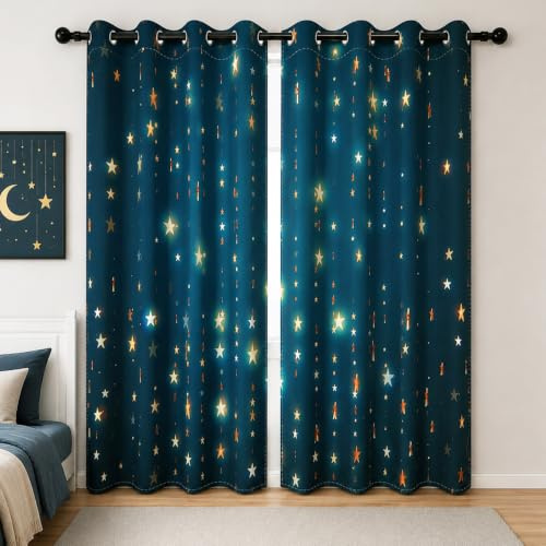 YONGFOTO Weltraum Verdunkelungsvorhänge Kinderzimmer Jungen Sterne Blau | Goldene Funkelnde Sterne Blickdicht Thermogardinen für Schlafzimmer mit Ösen 2 Paneele 107 x 160 cm