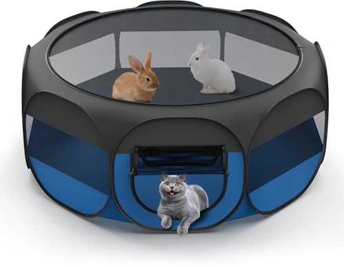 VavoPaw Parc pour Petits Animaux, Tente Respirante pour Chat avec Couverture Amovible à Fermeture Éclair et Base Imperméable, Parc Portable pour Chiots Chaton Lapins, Intérieur/Extérieur, Noir + Bleu