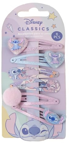 Stitch 6 Piece Hair Clips for Girls | Children's Brooches Set with Disney Characters, Pastel and Glitter