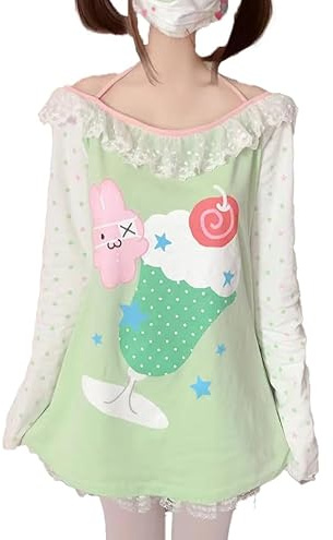 Womens Y2K Kawaii Shirt -Graphic Print Rundhalsausschnitt Sweatshirt Off Shoulder Lace Tops Cute Japanese Graphic Casual T-Shirt (Grün,S)