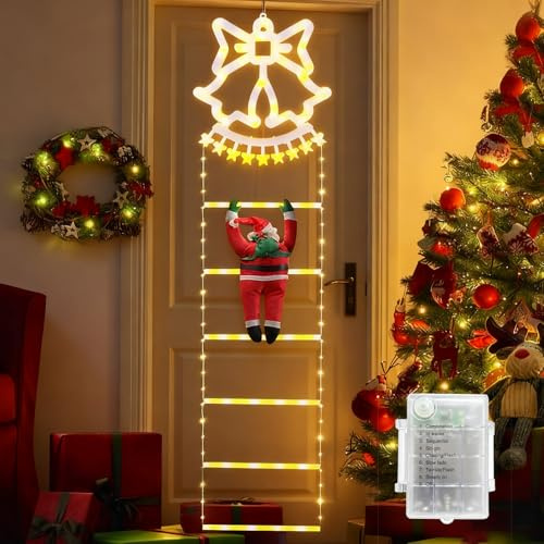 Quintrost LED Weihnachtsmann Leiter Lichterkette, 1.8M Leiter Weihnachtslichterkette Batteriebetrieben, 8 Modi Weihnachtsbeleuchtung für Innen Außen Weihnachtsbaum Fenster Balkon Weihnachtsdeko