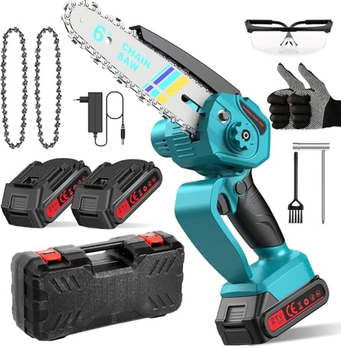 Mini Tronconneuse a Batterie 6000mAh, 6 Pouces Tronçonneuse Electrique Sans Fil, Elagueuse Batterie, Petite Tronçonneuse le Jardin, 2 Chaînes,2 Batteries