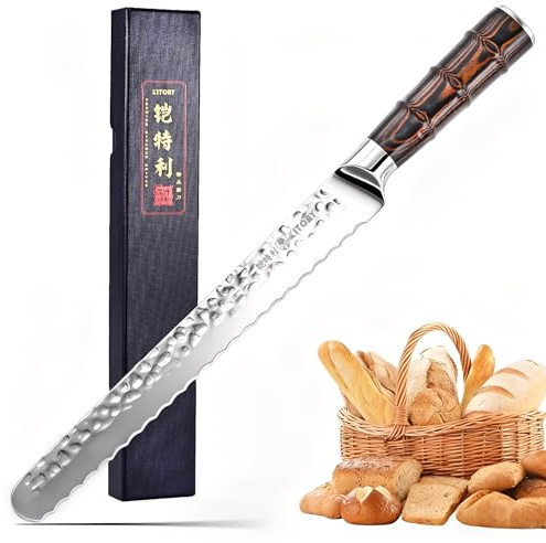 Kitory Profi Brotmesser 25,5 cm mit Wellenschliff aus hochwertigem rostfreiem Edelstahl, Extra Scharfe Klinge, Ergonomischer Griff, Gehämmertes Klingendesign