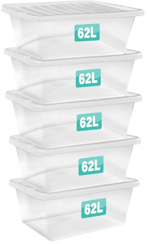 Optimal Products 5 x 62 Litre Clear Plastic Storage Box With Lids UK BRITISH MADE Home Office Stackable Transparent Plastic Boxes, Size 5,11,24,28,35,45,62 Litre