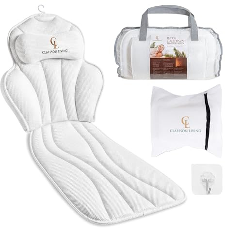 Cojin bañera (152x56cm) - Almohada bañera con apoyacabezas (11cm) y Soportes para el Cuello, Espalda y piernas – Incluye: Bath Pillow, Bolsas de Lavado y de Viaje, Gancho para Secado rápido Blanco