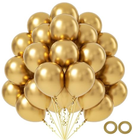 Luftballons Metallic Gold, 50 Stück 30 cm / 12 zoll Metallic Chrom Ballons, Gold Helium Luftballon mit 2 Ballons Rollen Band für Geburtstag, Hochzeit, Babyparty, Halloween, Weihnachten Party Deko