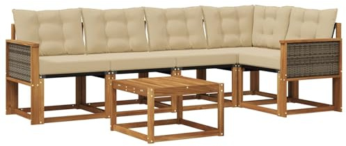vidaXL Outdoor-Sofagarnitur mit Kissen 6 pcs Natur und Beige, Akazien Outdoor Sofa Set, modische Möbel für Terrasse, wetterfester Couch, entspannende Sitzgruppe im Garten