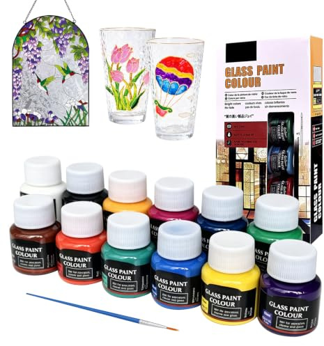12pcs Set di Colori Acrilici,Colori per Vetro,Vernice per Vetro Trasparente Impermeabile, 25ml Con acrilico finisher,per artisti, principianti, adulti su più superfici in vetro