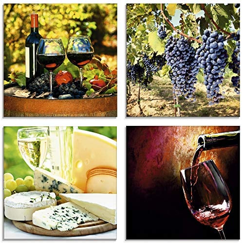 ARTland Wanddeko Glasbilder Wandbild Glas Bild Set 4 teilig je 20x20 cm Quadratisch Dolce Vita Rotwein Trauben Käse Wein Trauben Italien Toskana S6GW