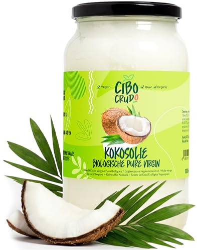 CiboCrudo Olio di Cocco Biologico, Vergine –1000ml–Coconut Oil, Olio di Cocco Alimentare Puro, Olio di Cocco per Capelli e Corpo, Olio Cocco Naturale Bio Confezionato in Vetro, Etichette in Italiano