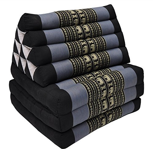 Thaiboo® Thaikissen Kapok Bodenkissen Dreieckskissen Nackenkissen Liegematte Sitzkissen Lounge ***blau-grau schwarz mit Elefanten*** (Kissen 3 Auflagen (81303))