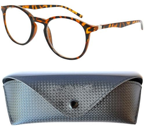 Klassische Nerd Anti Blaulicht Brille, Lesebrille mit Großen Runden Gläsern mit Etui, Kunststoff Rahmen (Leopardenmuster), Blaulichtfilter Brille Damen und Herren +2.5 Dioptrien