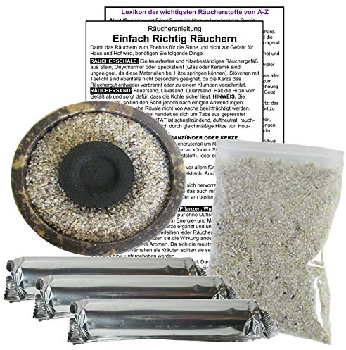 RÄUCHERSCHALE 8cm zum RÄUCHERN & AUSRÄUCHERN mit ZUBEHÖR für jedes RÄUCHERWERK & WEIHRAUCH. 6-TLG Räucher Set. Naturstein Schale + 30 x Räucherkohle + Räuchersand + Räucheranleitung. 81587-B