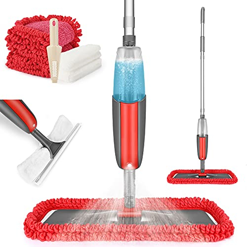 Spray Mop, Tencoz Fregona con Vaporizador, Mopa Fregona con 4 La Almohadilla de Microfibra y 1 Rasqueta de Ducha, Mopa Spray Rotación de 360°, Capacidad de 300 ml, Azul