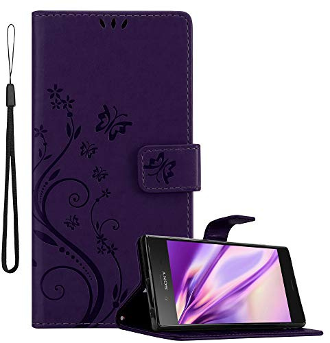 Cadorabo Hülle kompatibel mit Sony Xperia XZ1 Blumen Design aus Premium Kunst Leder Flip Klappbare Stoßfeste Magnetische [Standfunktion] [Kartenfächern] Cover Hülle für Sony Xperia XZ1 Tasche in Lila