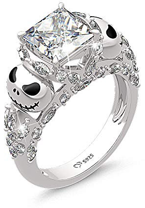 Jeulia 4.74ct Jack Sally Princess Cut Sterling Silber Ringe Damen Schädel Ring mit Weißem Stein Graviert Valentinstag Jubiläumsgeschenk Für Frau und Freundin mit Geschenkbox (Silber, 52 (16.5))
