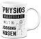 Tasse mit Spruch Physios wir retten die Welt in Jogging-Hosen - Geschenk für Physiotherapeut (Weiß-Schwarz)