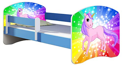 ACMA Kinderbett Jugendbett mit Einer Schublade und Matratze Blau mit Rausfallschutz Lattenrost II 140x70 160x80 180x80 (18 Pony Regenbogen, 160x80)