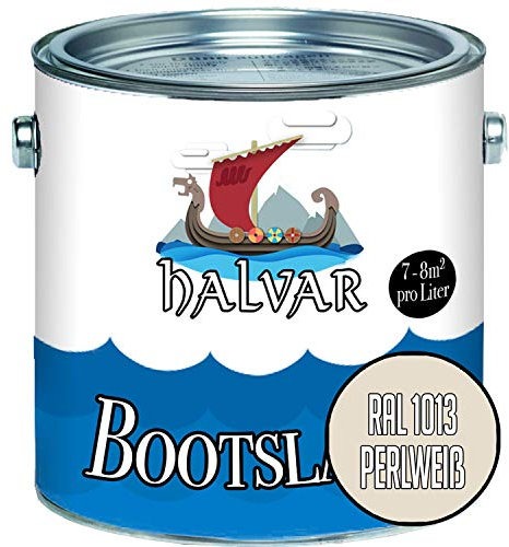 Halvar Bootslack Gelb RAL 1000-1037 Yachtlack SEIDENMATT Bootsfarbe PU-verstärkt für Holz & Metall verstärkt extrem belastbar hochelastisch Schiffslackierung (2,5 L, RAL 1013 Perlweiß)